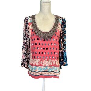 Plenty by Tracy Reese Pink & Blue Paisley & Ikat Bandana Print Beaded Collar Top